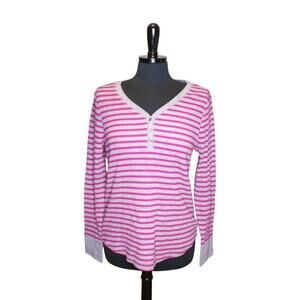 Y2K Faded Glory Striped Henley Top Pink Gray Pullover Ribbed 2000s
